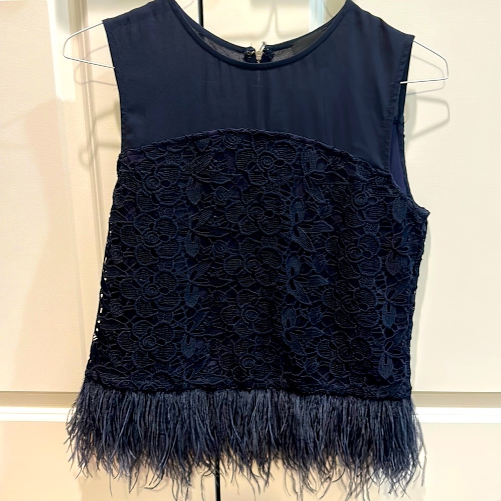 Greylin Navy Embroidery and Feather Blouse